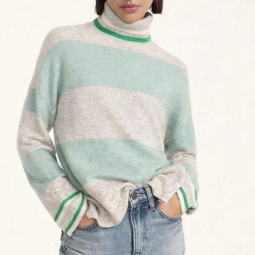 J Crew Green and Gray Striped Turtleneck Sweater in Supersoft Yarn Size Small